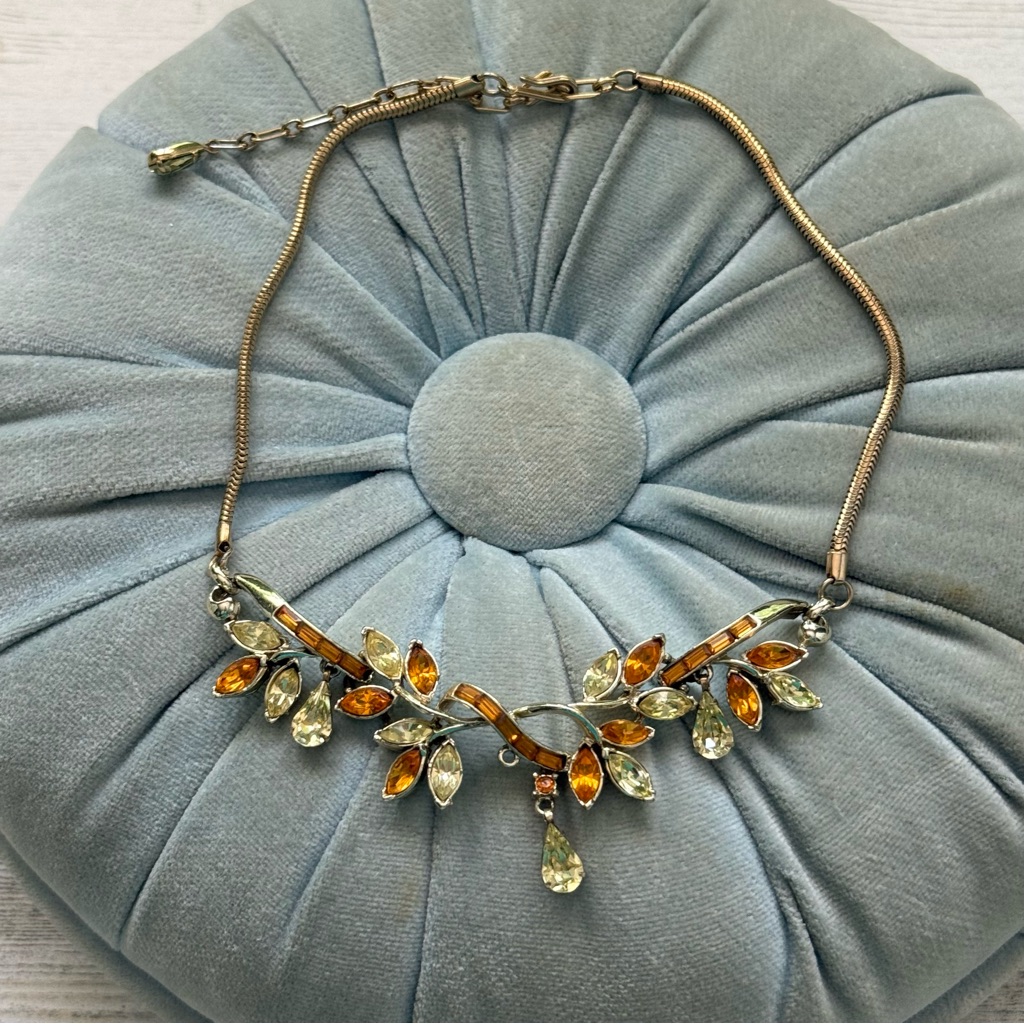 Vintage Goldtone Corocraft Yellow Orange Rhinestone Necklace Signed Mid Century